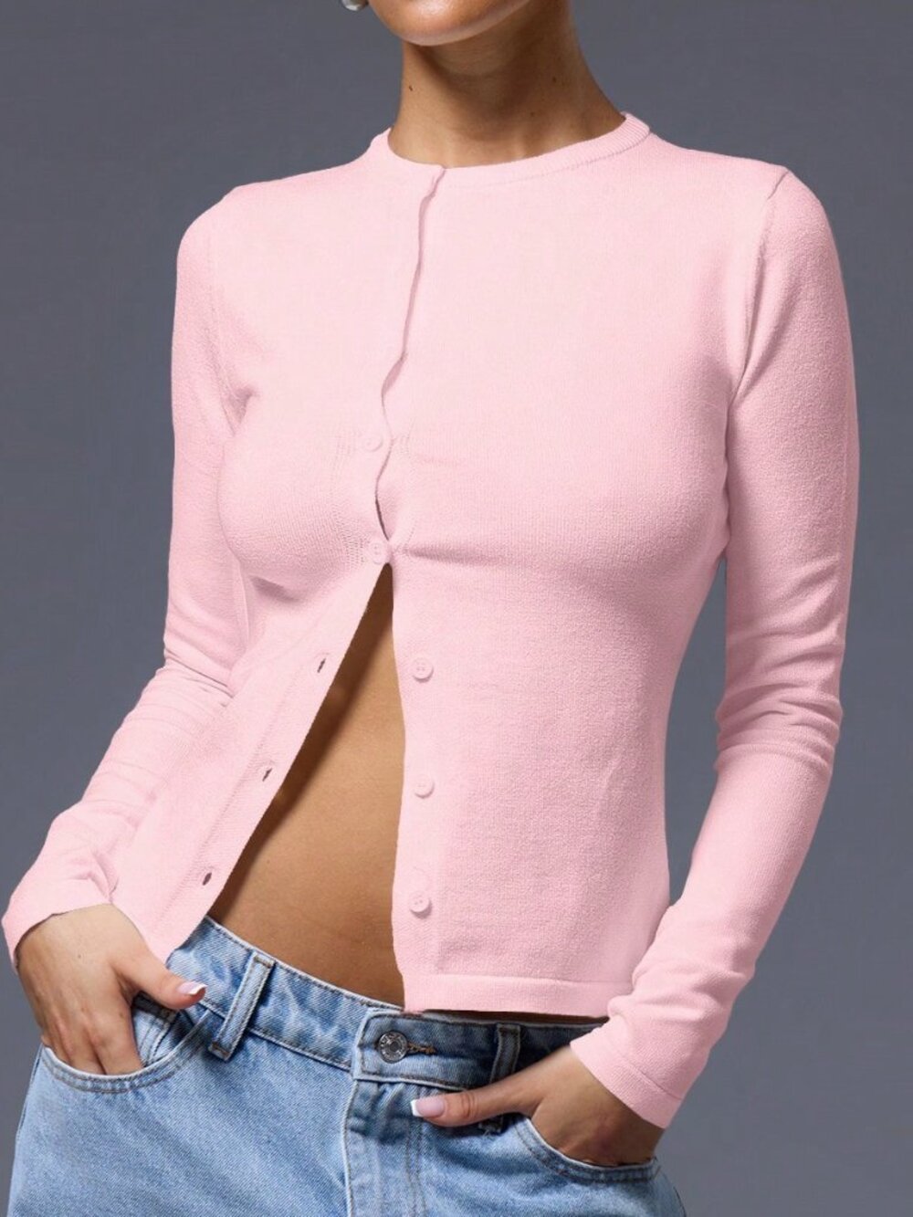 Baby Pink Casual Women's Y2k Cute Button Down Long Sleeve Sweater